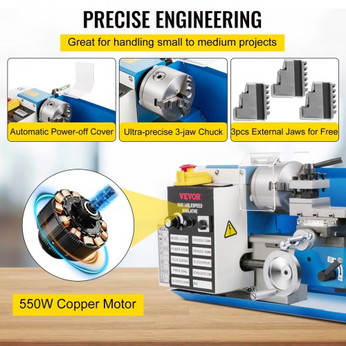 Mini Metal Lathe, 7"x14" Benchtop Metal Lathe, 550W Variable Speed 2250RPM Metal Lathe, with 3-jaw Chuck CNC Mini Lathe Machine, Precision Mini Lathe w/Tool Box Digital Display for Metal Turning