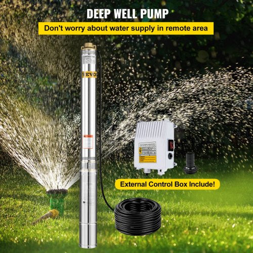 Deep Well Pump, 2 hp 220V 50 Hz, Submersible Durable Stainless Steel, 1.5" Water Outlet w/131 FT Cable Wire & Control Box, for Farmland Irrigation, Domestic Supply, Deep/Shadow Well