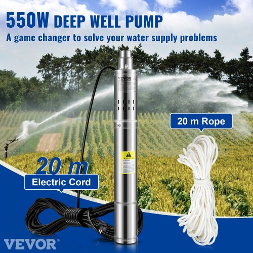 Deep Well Submersible Pump, 550W 230V/50Hz, 35L/min 108 m Head Sand Resistant <5%, 20 m Electric Cord, 7.6 cm Stainless Steel Water Pumps for Industrial, Irrigation & Home Use, IP68 Waterproof