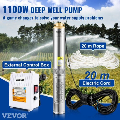 Deep Well Submersible Pump, 1100W 230V/50Hz, 190L/min 57 m Head, with 20 m Cord & External Control Box, 10.2 cm Stainless Steel Water Pumps for Industrial, Irrigation & Home Use, IP68 Waterproof