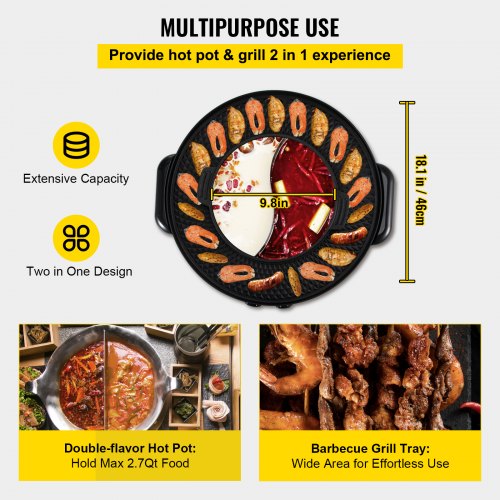 2 in 1 Electric Grill and Hot Pot, 2200W BBQ Pan Grill and Hot Pot, Multifunctional Teppanyaki Grill Pot with Dual Temp Control, Smokeless Hot Pot Grill with Nonstick Coating for 1-8 People