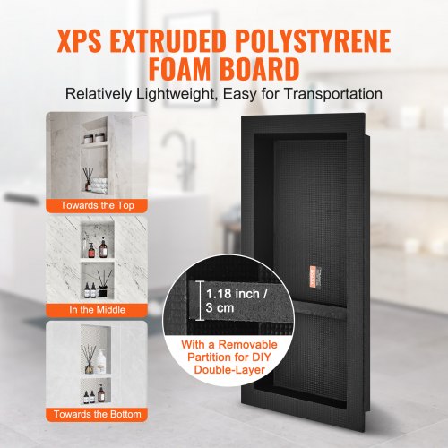Shower Niche Ready for Tile 40.64 x 81.28 cm, Double Shelf Organizer, Square Corners Wall-inserted Niche Recessed, Sealed Protection Modern Soap Storage Niche for Shower Bathroom, Black