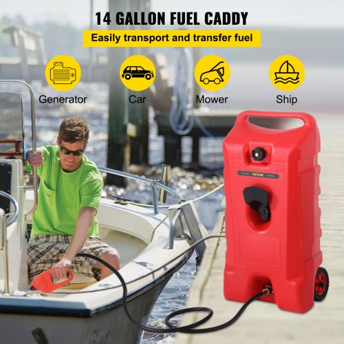 Fuel Caddy, 14 Gallon, Gas Storage Tank On-Wheels, with Siphon Pump and 9.8 ft Long Hose, Gasoline Diesel Fuel Container for Cars, Lawn Mowers, ATVs, Boats, More, Red