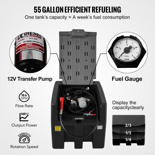 Portable Diesel Tank, 58 Gallon Capacity & 10 GPM Flow Rate, Diesel Fuel Tank with 12V Electric Transfer Pump and 13.1ft Rubber Hose, PE Diesel Transfer Tank for Easy Fuel Transportation, Black