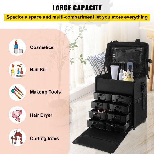 2 in 1 Makeup Case Train Box Cosmetic Organizer Rolling Luggage Trolley Bag Black Professional Makeup Case Organizer Beauty Case on Wheels