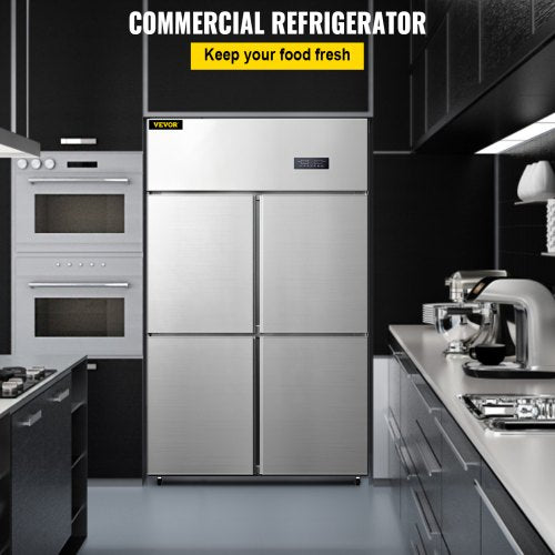 Commercial Reach-in Refrigerator, 4 Doors Upright Beverage Cooler, 27.5 Cu.Ft Side by Side Freezer, Stainless Steel Merchandiser Refrigerators, Business Food Fridge for Snacks & Drinks, Silver