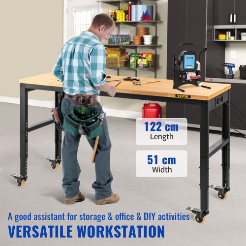 Workbench Adjustable Height, 122cm W X 51cm D X 104cm H Garage Table w/ 79 – 104 cm Heights & 720KG Capacity, with Power Outlets & Hardwood Top & Metal Frame & Swivel Casters, for Office Home