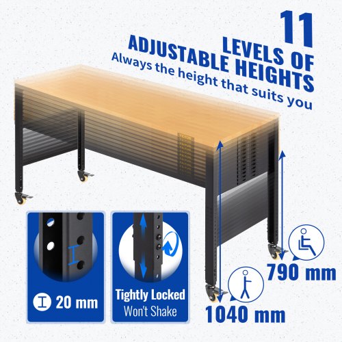 Workbench Adjustable Height, 122cm W X 51cm D X 104cm H Garage Table w/ 79 – 104 cm Heights & 720KG Capacity, with Power Outlets & Hardwood Top & Metal Frame & Swivel Casters, for Office Home