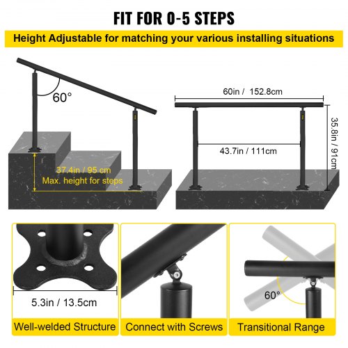 Stair Railing Kit, 5 FT Handrails for Outdoor 0-5 Steps, Adjustable Angle Black Aluminum Stair Handrail, Indoor & Outdoor Stairs for the Elderly