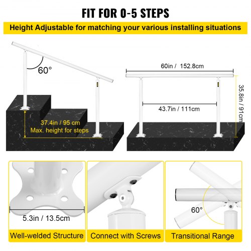Stair Railing Kit, 5 FT Handrails for Outdoor 0-5 Steps, Adjustable Angle White Aluminum Stair Handrail, Indoor & Outdoor Stairs for the Elderly