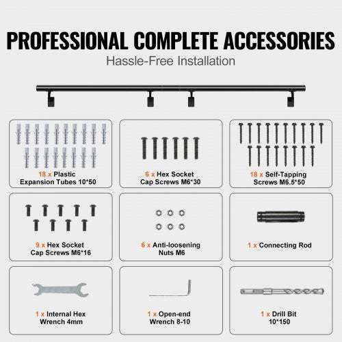 Handrail Stair Railing, 12 ft, Wall Mount Handrails for Indoor Stairs, Thickened Aluminum Alloy Hand Rail with Installation Kit, 440 LBS Load Capacity Stairway Railing for Outdoor Stairs