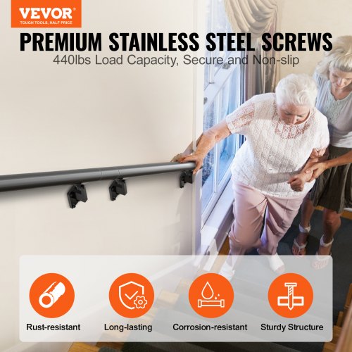 Handrail Stair Railing, 7 ft, Wall Mount Handrails for Indoor Stairs, Thickened Aluminum Alloy Hand Rail with Installation Kit, 440 LBS Load Capacity Stairway Railing for Outdoor Stairs
