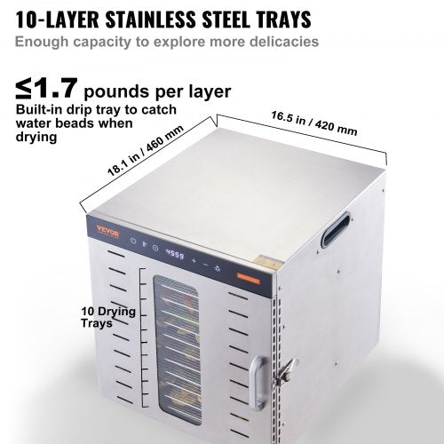 10 Trays Food Dehydrator Machine Stainless Steel 1000W Jerky Fruit Drying