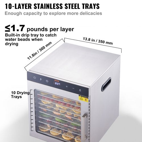 10 Trays Food Dehydrator Machine Stainless Steel 800W Jerky Fruit Drying