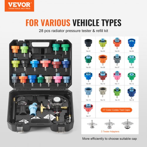28 pcs Universal Radiator Pressure Tester Kit, Coolant Pressure Tester Kit with Manual Pump and Color-coded Test Caps, Coolant Vacuum Refill kit for Cars Motorcycles Trucks Cooling System