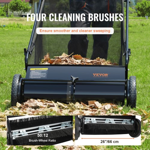 Push Lawn Sweeper, 26-inch Leaf & Grass Collector, Strong Rubber Wheels & Heavy Duty Thickened Steel, Durable to Use with Large Capacity 7 cu. ft. Mesh Collection Hopper Bag, 4 Spinning Brushes