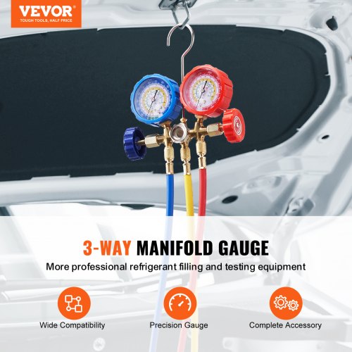 3-Way AC Diagnostic Manifold Gauge Set Fits for R134A, R22, R12, R502 Refrigerant, AC Gauge Set with 5 ft Hoses, Couplers, Can Tap for Car A/C System Automotive Air Conditioning Maintenance