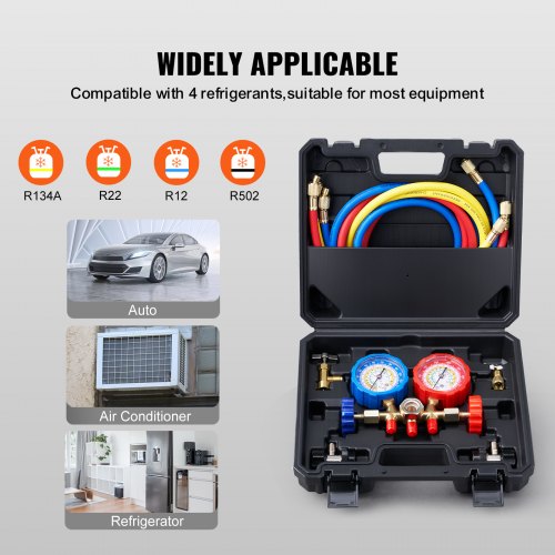 3-Way AC Diagnostic Manifold Gauge Set Fits for R134A, R22, R12, R502 Refrigerant, AC Gauge Set with 5 ft Hoses, Couplers, Can Tap for Car A/C System Automotive Air Conditioning Maintenance