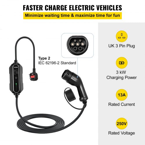 Portable EV Charger, Type 2 13A, Electric Vehicle Charger 10 Metre Charging Cable with UK 3 Pin Plug, Digital Screen, 3kW WaterProof IEC 62196-2 Home EV Charging Station with Carry Bag, CE