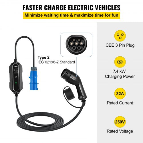 Portable EV Charger, Type 2 32A, Electric Vehicle Charger 7.5 Metre Charging Cable with CEE 3 Pin Plug, Digital Screen, 7.4 kW WaterProof IEC 62196-2 Home EV Charging Station with Carry Bag, CE