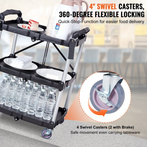 Foldable Utility Service Cart, 3 Shelf 165LBS Heavy Duty Plastic Rolling Cart with Lockable Wheels, Ergonomic Handle, Portable Garage Tool Cart for Warehouse/Office/Home(25.62"x15.43"x32.76")