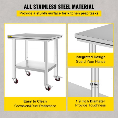 Stainless Steel Catering Work Table 30x24 Inch Commercial Work Table with 4 Wheels Commercial Food Prep Workbench with Flexible Adjustment Shelf for Kitchen Prep Table