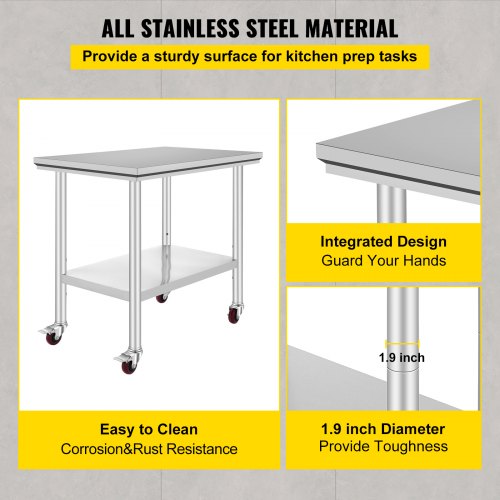Stainless Steel Catering Work Table 36x24 Inch Commercial Work Table with 4 Wheels Commercial Food Prep Workbench with Flexible Adjustment Shelf for Kitchen Prep Table