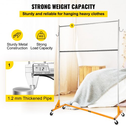 Z Rack, Industrial Grade Z Base Garment Rack, Height Adjustable Rolling Z Garment Rack, Sturdy Steel Z Base Clothing Rack w/ Lockable Casters, for Home Clothing Store w/ Add-on Hang Rail Orange