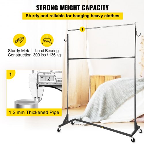 Z Rack, Industrial Grade Z Base Garment Rack, Height Adjustable Rolling Z Garment Rack, Sturdy Steel Z Base Clothing Rack w/ Lockable Casters, for Home Clothing Store w/ Add-on Hang Rail Black