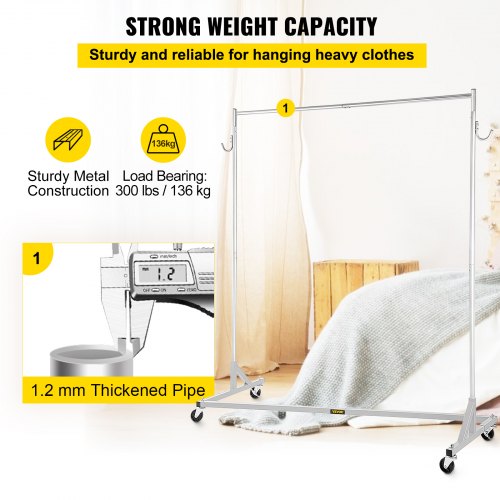 Z Rack, Industrial Grade Z Base Garment Rack, Height Adjustable Rolling Z Garment Rack, Sturdy Steel Z Base Clothing Rack w/ Lockable Casters, for Home Clothing Store Display w/ Cover Silver