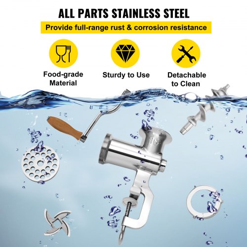 Manual Meat Grinder, All Parts Stainless Steel, Hand Operated Meat Grinding Machine with Tabletop Clamp, 2 Grinding Plates & Sausage Stuffer, Ideal for Home Kitchen Restaurant Butcher’s Shop