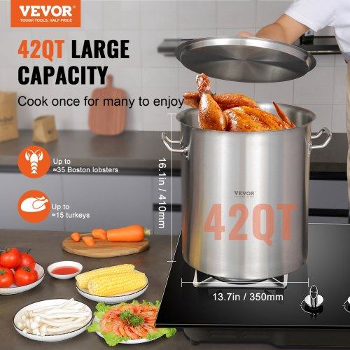 Stainless Steel Stockpot, 42 Quart Large Cooking Pots, Cookware Sauce Pot with Strainer, Lid, and Handle, Heavy Duty Commercial Grade Stock Pot, Sanding Treatment, for Large Groups Events Silver