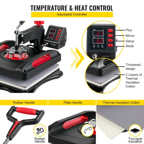 Heat Press Machine 15 x 15 Inch 360° Rotation Swing Away Red Heat Press 5 In 1 Shirt Printing Machine 5 In 1 Heat Press 1000W Sublimation Machine Dual-Tube Heating for DIY Plates Cap Mugs