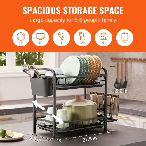 Dish Drying Rack, 2 Tier Large Capacity Dish Drainers, Rustproof Carbon Steel Dish Drainer with Drainboard, Storage Space Saver, Cup and Utensil Holder for Kitchen Counter Over The Sink, Black