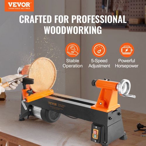 Benchtop Wood Lathe, 10 in x 18 in, 0.5 HP 370W Power Wood Turning Lathe Machine, 5 Variable Speeds 680/1100/1600/2200/3200 RPM with Rod Injection Wrenches Faceplate Foot Pads, for Woodworking