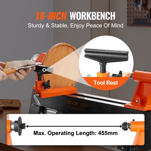 Benchtop Wood Lathe, 10 in x 18 in, 0.5 HP 370W Power Wood Turning Lathe Machine, 5 Variable Speeds 680/1100/1600/2200/3200 RPM with Rod Injection Wrenches Faceplate Foot Pads, for Woodworking