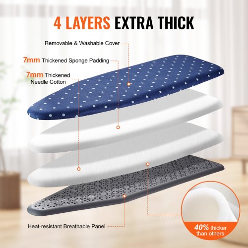 Ironing Board with Bottom Storage Tray, Thickened 4 Layers Iron Board with Heat Resistant Cover and 100% Cotton Cover, 10 Adjustable Heights Ironing Board for Home Laundry Room Use (Size 55x15)