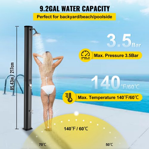 Solar Heated Shower, 9.2Gal Outdoor Solar Shower, 7FT Solar Heated Poolside Shower Temperature Adjustable, 2-Section w/360 Degree Shower Head & Foot Shower Tap for Backyard, Beach, Outdoor Pool