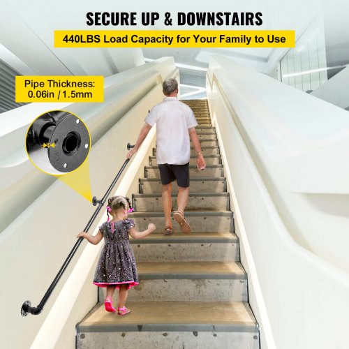 Pipe Stair Handrail, 8FT Staircase Handrail, 440LBS Load Capacity Carbon Steel Pipe Handrail, Industrial Pipe Handrail with Wall Mount Support, Round Corner Wall Handrailings for Indoor, Outdoor