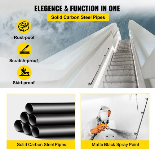 Pipe Stair Handrail, 8FT Staircase Handrail, 440LBS Load Capacity Carbon Steel Pipe Handrail, Industrial Pipe Handrail with Wall Mount Support, Round Corner Wall Handrailings for Indoor, Outdoor