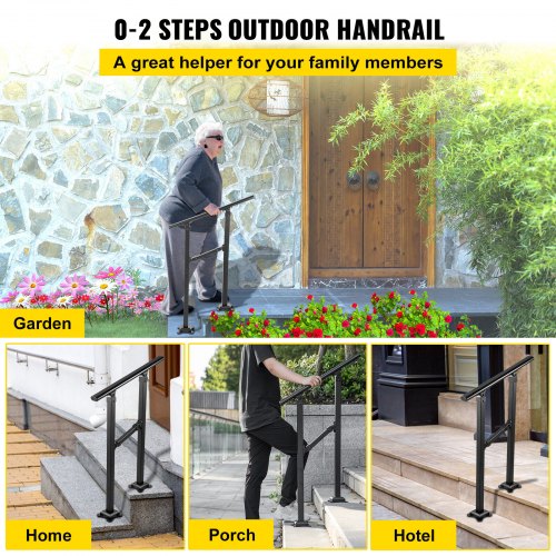 Outdoor Stair Railing, Fits for 1 Step Transitional Wrought Iron Handrail, Adjustable Exterior Stair Railing, Handrails for Concrete Steps with Installation Kit, Matte Black Outdoor Handrail