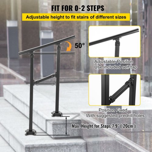 Outdoor Stair Railing, Fits for 1 Step Transitional Wrought Iron Handrail, Adjustable Exterior Stair Railing, Handrails for Concrete Steps with Installation Kit, Matte Black Outdoor Handrail
