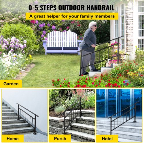 Outdoor Stair Railing, Fits for 1-4 Steps Transitional Wrought Iron Handrail, Adjustable Exterior Stair Railing, Handrails for Concrete Steps with Installation Kit, Matte Black Outdoor Handrail