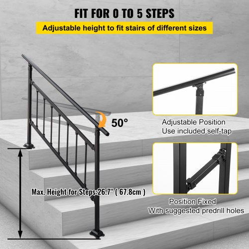 Outdoor Stair Railing, Fits for 1-4 Steps Transitional Wrought Iron Handrail, Adjustable Exterior Stair Railing, Handrails for Concrete Steps with Installation Kit, Matte Black Outdoor Handrail