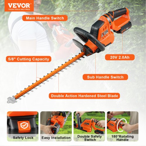 20V Cordless Hedge Trimmer 18in Steel Blade with Battery and Fast Charger