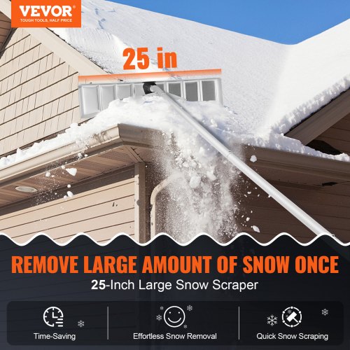 Snow Roof Rake, 25" Blade Snow Removal Tool, 21ft Reach Aluminium Roof Shovel, Roll Wheels for Roof Protection, Anti-Slip Handle Grip, Easy to Setup & Use for House Roof, Car Snow, Wet Leaves