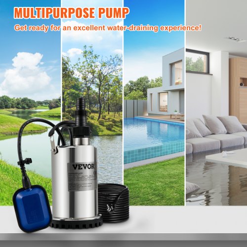 Submersible Water Pump, 550W 9500L/H, w/ 10 m Cord and Automatic Tethered Float Switch, Portable Stainless Steel for Clean, Empty Flooded Area, Swimming Pools, Hot Tubs, for Irrigation