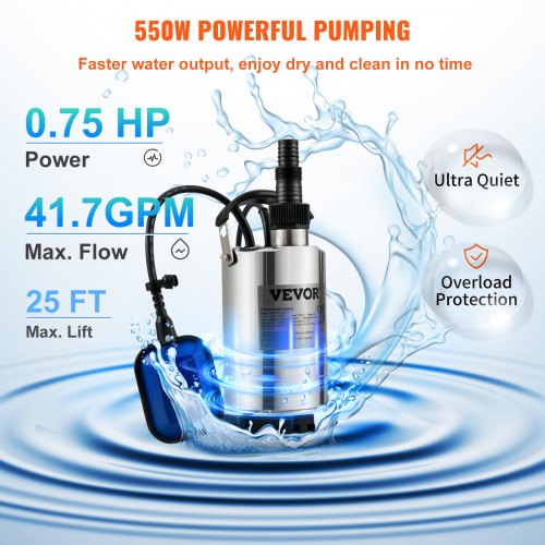 Submersible Water Pump, 550W 9500L/H, w/ 10 m Cord and Automatic Tethered Float Switch, Portable Stainless Steel for Clean, Empty Flooded Area, Swimming Pools, Hot Tubs, for Irrigation