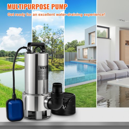 Submersible Water Pump, 1300W 20000L/H, w/ 10 m Cord and Automatic Tethered Float Switch, Stainless Steel and Cast Iron for Dirty or Clean, Empty Garden Ponds, Swimming Pools, Hot Tubs