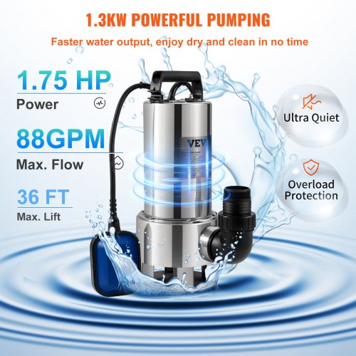 Submersible Water Pump, 1300W 20000L/H, w/ 10 m Cord and Automatic Tethered Float Switch, Stainless Steel and Cast Iron for Dirty or Clean, Empty Garden Ponds, Swimming Pools, Hot Tubs